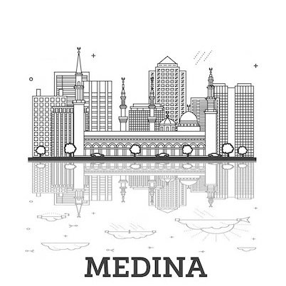 outline-medina-saudi-arabia-city-skyline-with-reflections-historic-buildings-isolated-white-medina-cityscape-with-landmarks_119523-13543